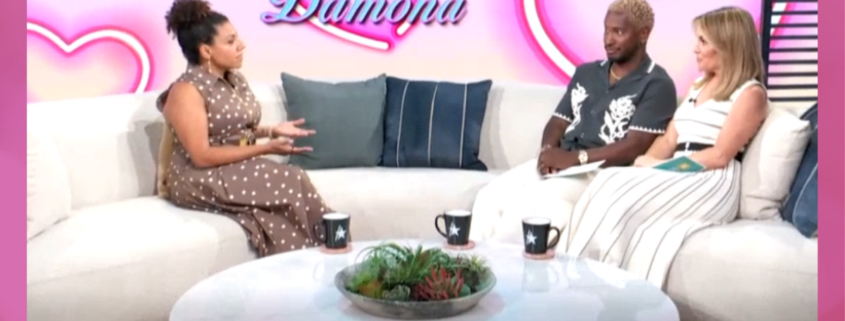 Relationship expert Damona Hoffman on Access Daily discussing hot take dating and AI companions with Kit Hoover and Karamo Brown