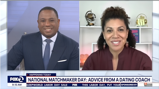 Relationship expert Damona Hoffman on Fox news discussing matchability, chemistry, and green flags for National Matchmaker Day"